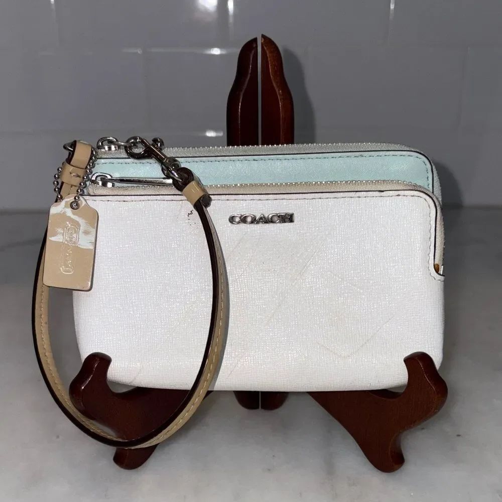 Coach Wristlet Bag Purse Cross Grain & Patent Leather Double Zipper Pouch Wallet